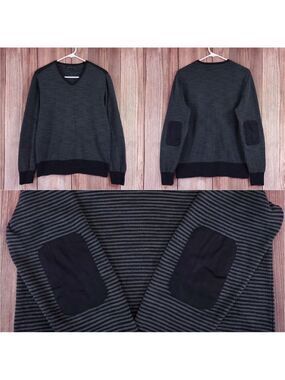 *READ* John Varvatos USA V-Neck Sweater Mens Medium Elbow Patch Striped